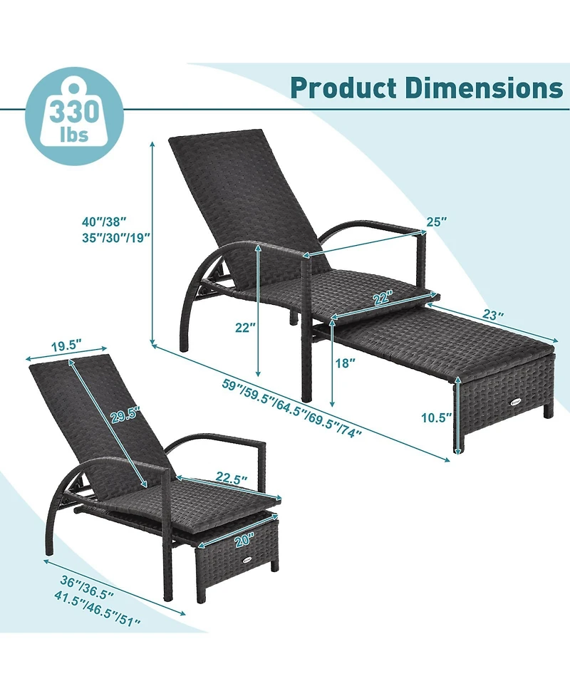 Patio Chaise Lounge Outdoor Rattan Lounge Chair with Retractable Ottoman