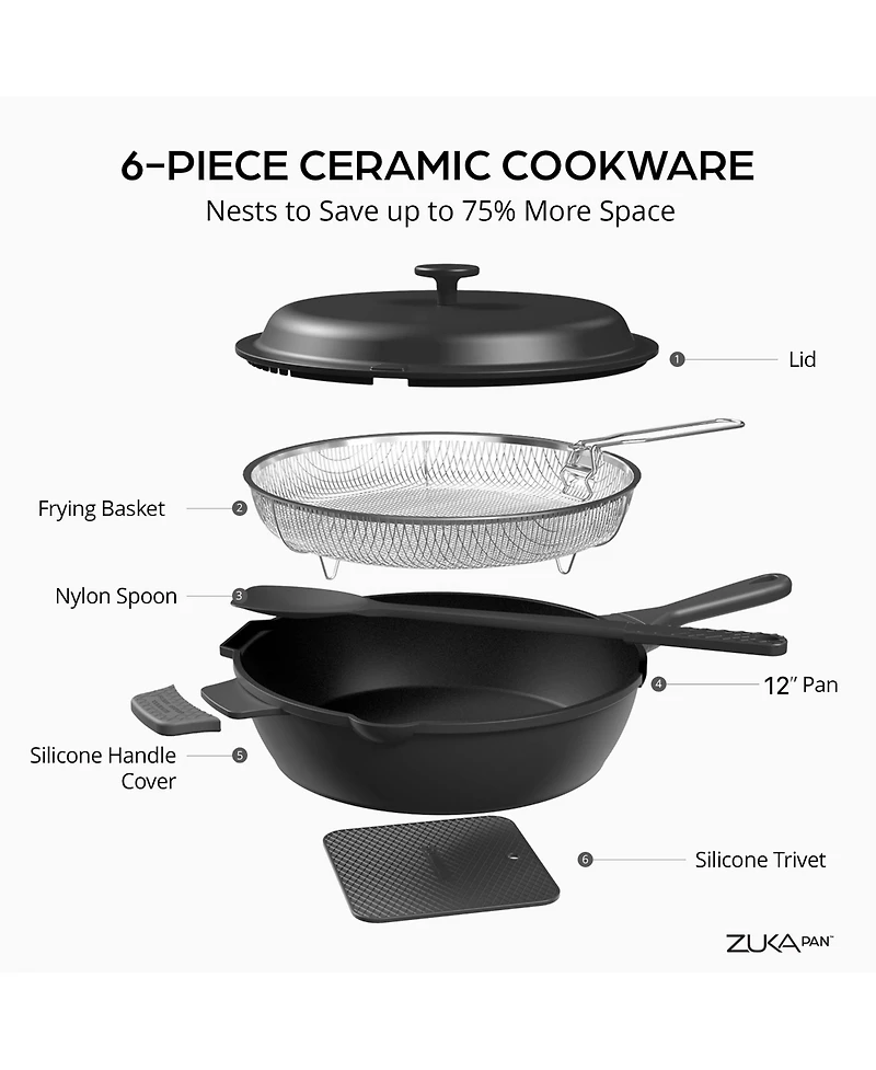 Zuka Everyday Pan 4.25 Qt. Ceramic 10 1 Nonstick Multi-Functional Saute with Lid, Nylon Spoon, & Steamer Basket