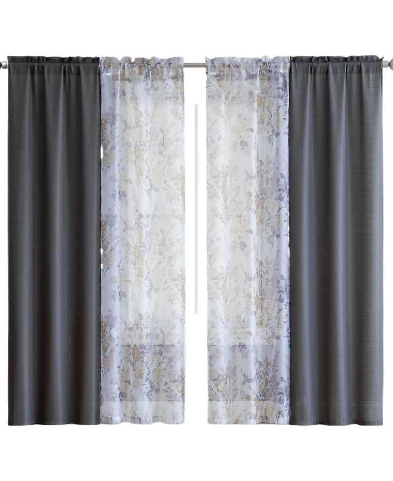 Kate Aurora Gray 4 Piece Rod Pocket Semi Sheer Floral Window Curtain Panel Set