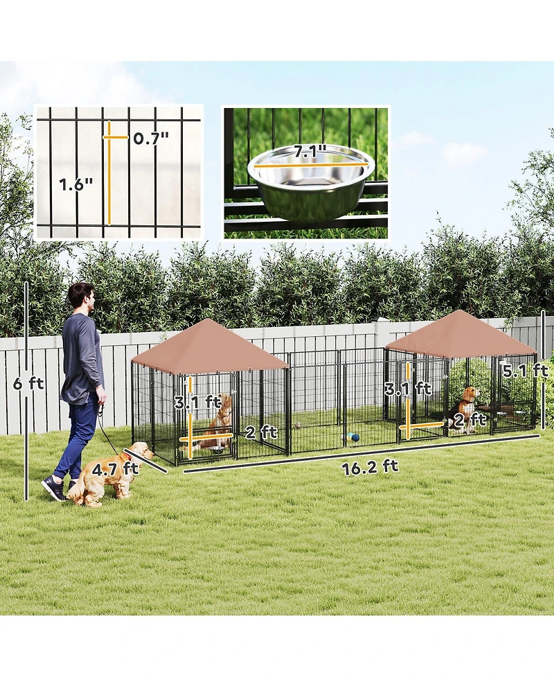 PawHut Dog Kennel Outside with 2 Rooms, Rotating & Adjustable Height Bowls