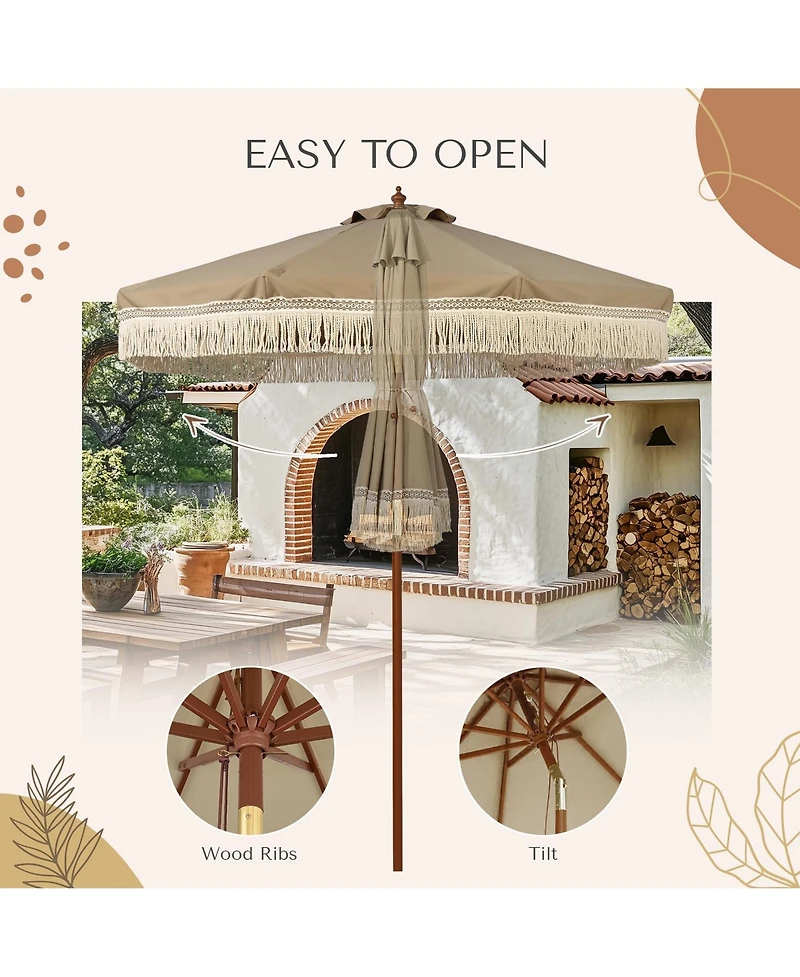 LAGarden Boho 7' Fringe Patio Umbrella with Tassels UPF50+ Boho Style 5-Year-Non-Fading for Outdoor Yard Market Mocha Meander