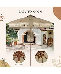 LAGarden Boho 7' Fringe Patio Umbrella with Tassels UPF50+ Boho Style 5-Year-Non-Fading for Outdoor Yard Market Mocha Meander