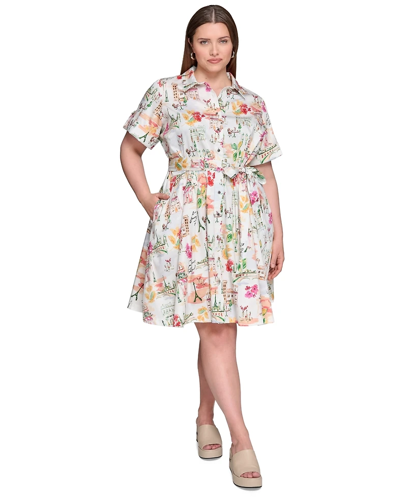 Karl Lagerfeld Paris Plus Conversational Belted Shirtdress