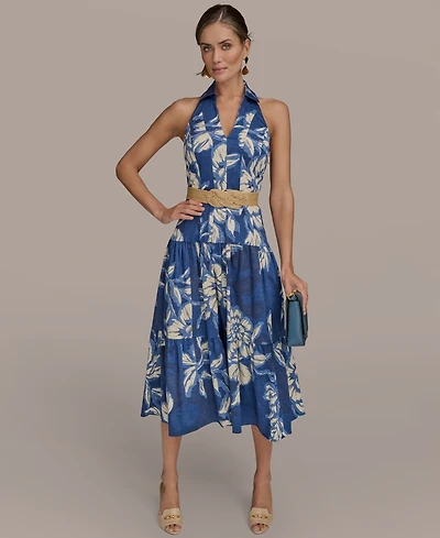 Donna Karan New York Women's Halter Belted Floral Print Midi Dress