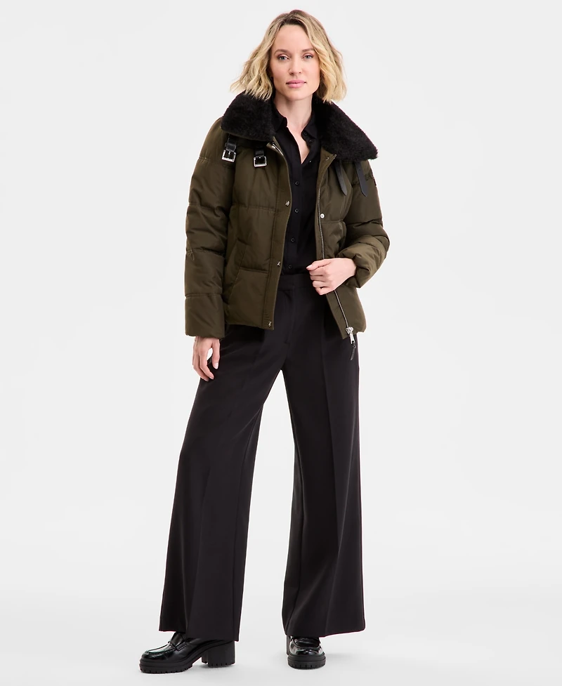 Dkny Women's Faux-Fur-Collar Zip-Front Puffer Coat