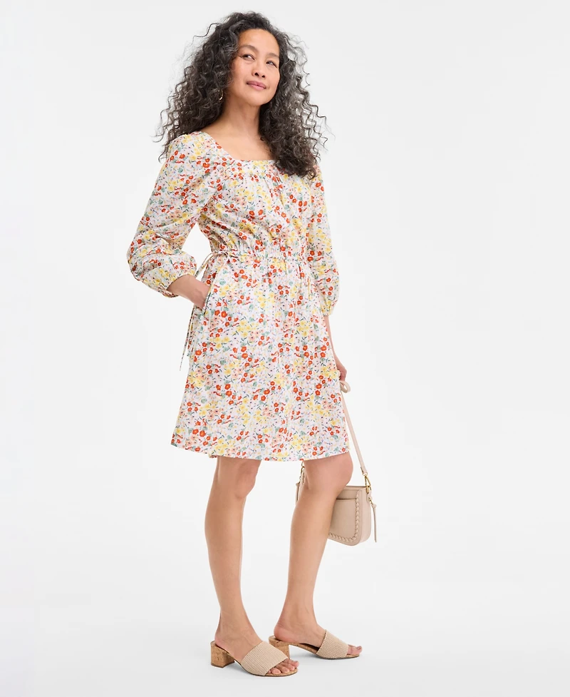 Style & Co Petite Printed Square-Neck 3/4-Sleeve Tie-Waist Dress, Exclusively at Macy's