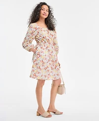 Style & Co Petite Printed Square-Neck 3/4-Sleeve Tie-Waist Dress, Exclusively at Macy's