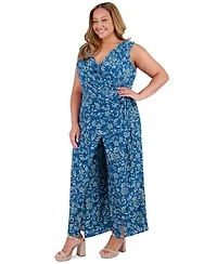 London Times Plus Printed Walk-Through Jumpsuit