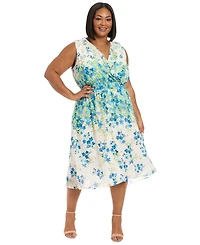 London Times Plus V-Neck Smocked-Waist Midi Dress