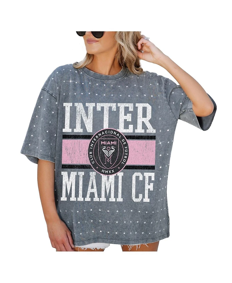 Gameday Couture Women's Gray Inter Miami Cf Oversized Mini Rhinestone Classic T-Shirt