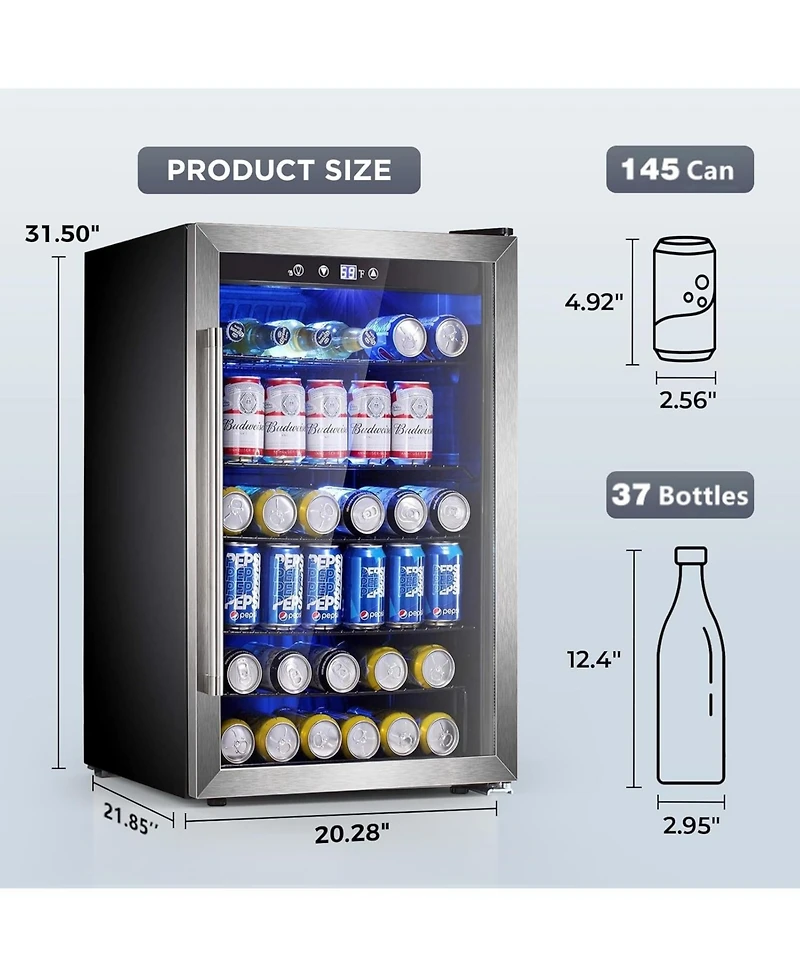 Cowsar Wine Cooler 37 Bottle Freestanding Fridge with Stainless Steel Reversible Glass Door, 145 Can Beverage Refrigerator Quiet Compressor for Home K