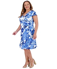 London Times Plus Size V-Neck Side-Ruffle Dress