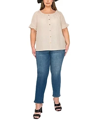 Coin 1804 Plus Size Eyelet Jersey Button Front Ruffle Sleeve Peasant Top