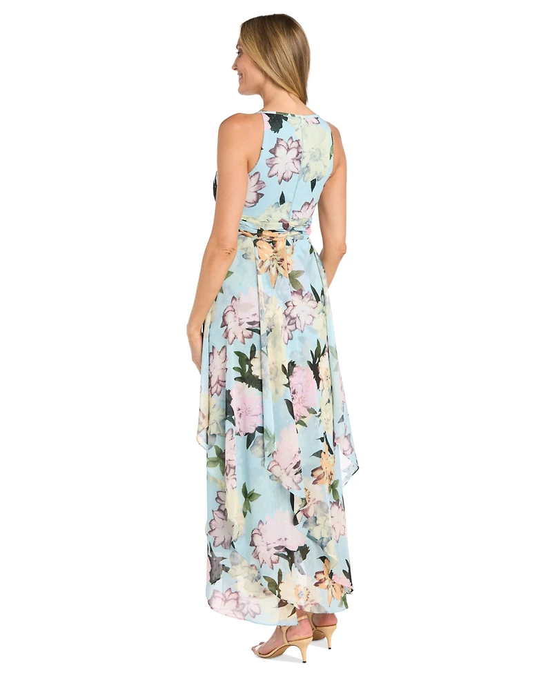 R & M Richards Women's Floral Keyhole Handkerchief-Hem Maxi Dress