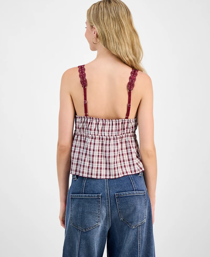 Madden Girl Juniors' Plaid Ribbon Babydoll Tank