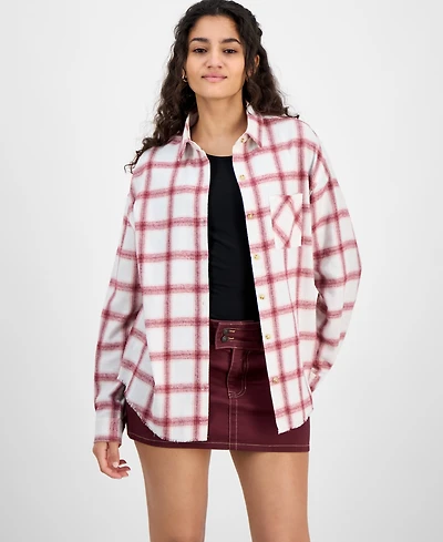 Just Polly Juniors' Girlfriend Frayed-Hem Plaid Shirt