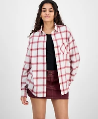 Just Polly Juniors' Girlfriend Frayed-Hem Plaid Shirt