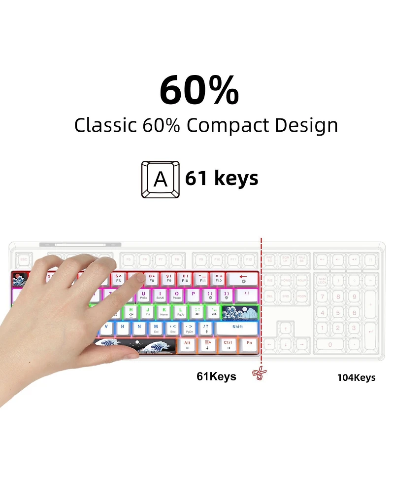 60% Mechanical Gaming Keyboard,61 Keys Blue Switches,Wired Mechanical Keyboard with Led Backlit,Compact Ergonomic Keyboard (White)