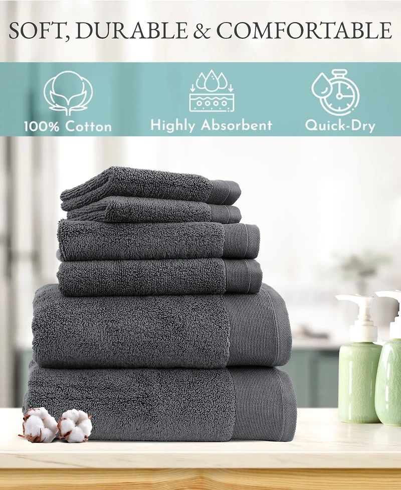 6-Piece Bath Towel Set, Soft 100% Cotton by California Design Den