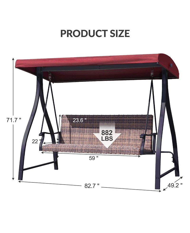 Aoodor Outdoor Rattan Patio Swing with Adjustable Canopy, Built-in Quick-drying Foam Seat, Stylish Design,for Porch,Garden,Yard