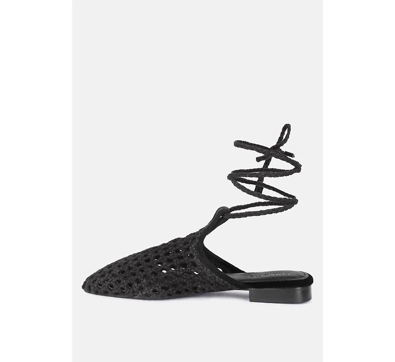 Tutsi Womens Handwoven Honeycomb Tie Up Flat Mules