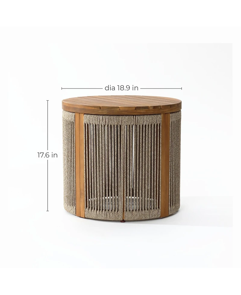 LuxenHome Outdoor Acacia Wood Rope Sides Round Drum Side and End Tables