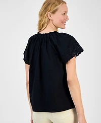 Style & Co Women's Embroidered Cotton Flutter-Sleeve Top, Exclusively at Macy's