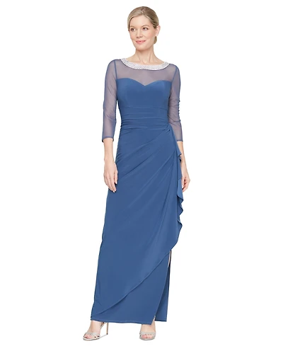 Alex Evenings Petite 3/4-Sleeve Illusion Ruffled Gown