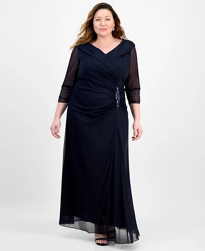 Alex Evenings Plus Size Portrait-Collar Side-Ruched A-Line Dress