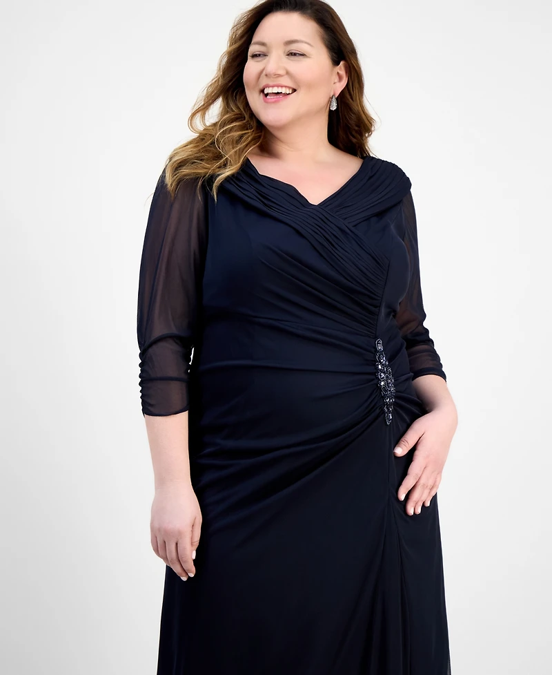 Alex Evenings Plus Size Portrait-Collar Side-Ruched A-Line Dress