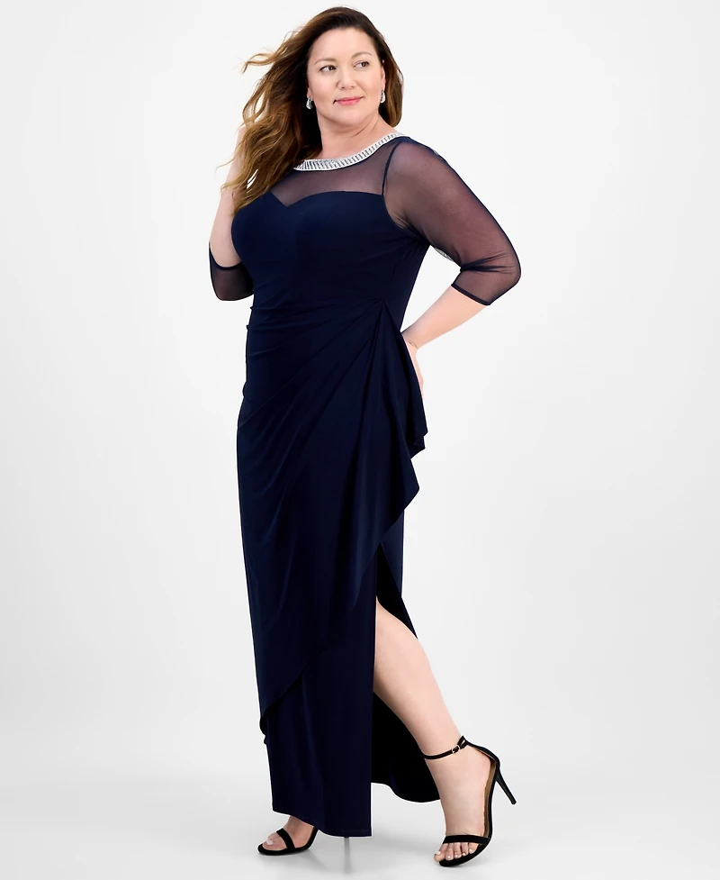 Alex Evenings Plus Size Illusion-Trim Ruffled Gown