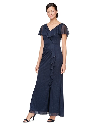 Sl Fashions Petite Ruffled Flutter-Sleeve Gown