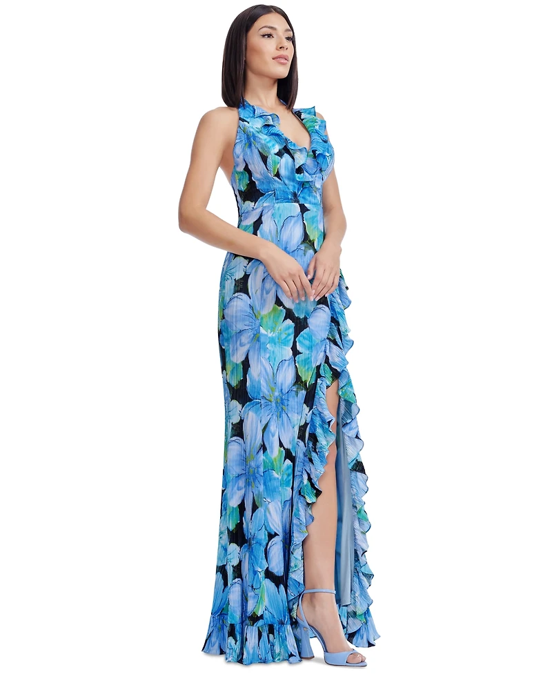 Dress the Population Women's Kathleen Ruffle-Trim Halter Gown