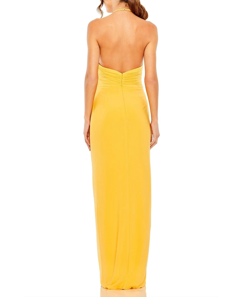 Mac Duggal Women's Halter Neck Ruched Side Front Slit Gown