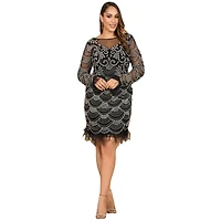 Lara Women's Beaded Short Dress with Feathers and Sleeves