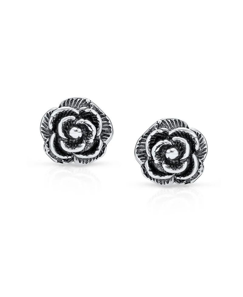 Bling Jewelry Retro Floral Black Rose Stud Earrings in Oxidized Sterling Silver 8MM