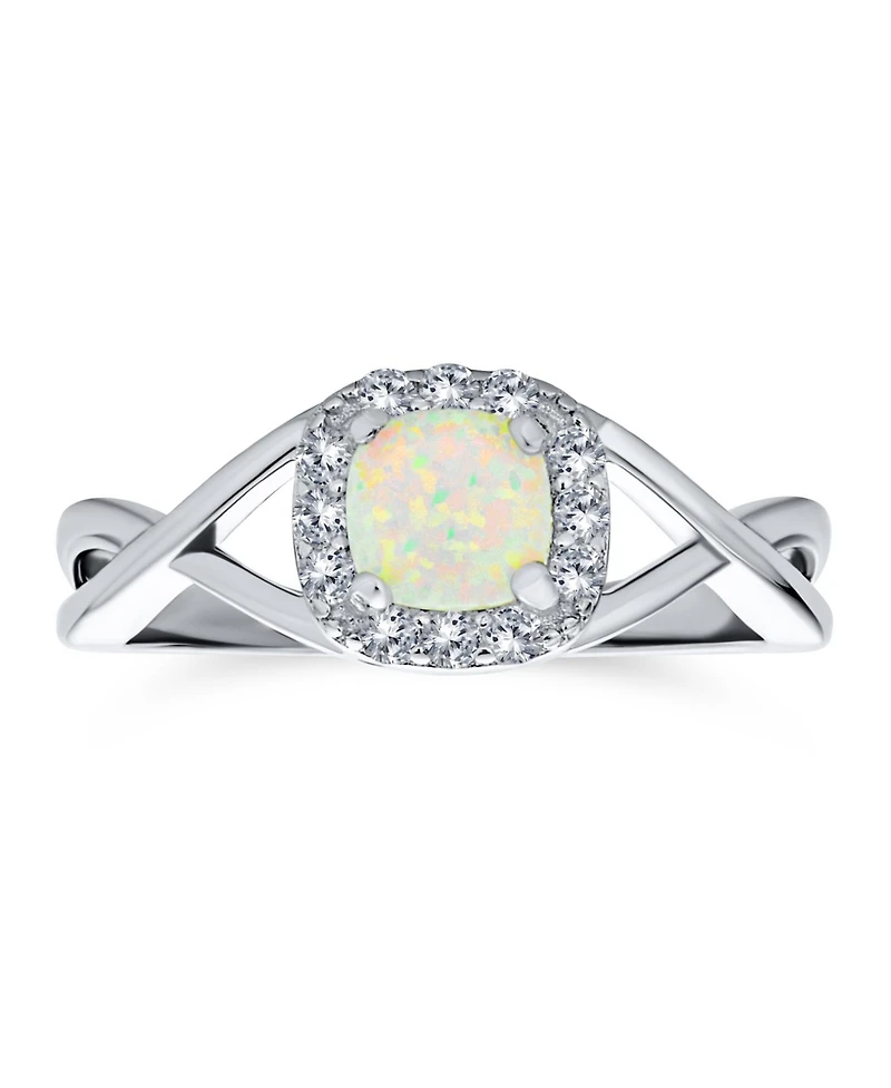 Bling Jewelry Delicate Dainty Pave Cz Halo Circle 1CTW Square Solitaire Created White Opal Promise Ring .925 Sterling Silver