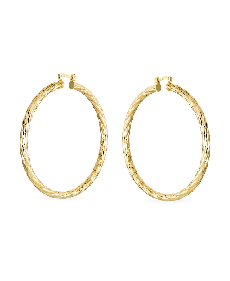 Bling Jewelry Rope Cable Wide Hoop Huggie Earrings 18K Gold Plated Brass 2.25 Inch Diameter