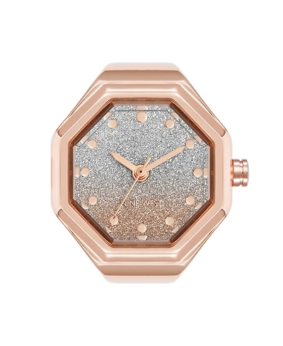 Nine West Women's Quartz Octagonal Ombre Glitter Rose Gold-Tone Metal Alloy Ring Watch, 23mm