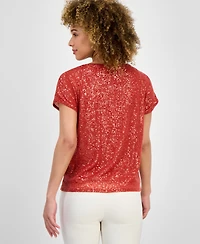 Anne Klein Women's Sequinned-Mesh Boat-Neck Top