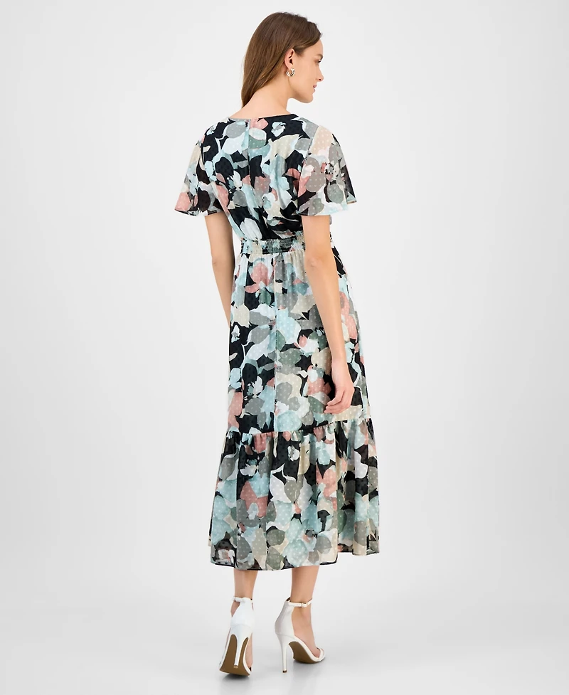Kasper Women's Printed Swiss Dot Flutter-Sleeve Midi Dress
