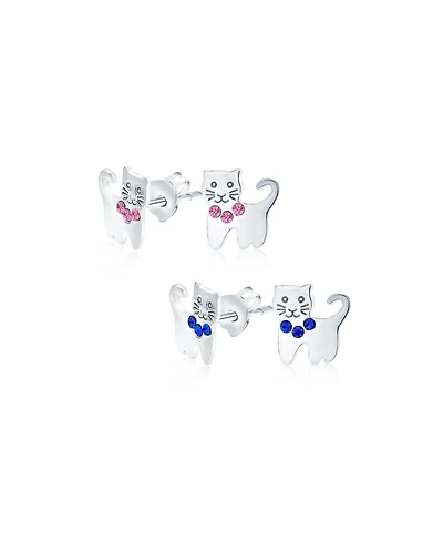 Bling Jewelry Set of 2 Mini Petite Blue Pink Crystal Cat Stud Earrings in Sterling Silver
