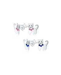 Bling Jewelry Set of 2 Mini Petite Blue Pink Crystal Cat Stud Earrings in Sterling Silver