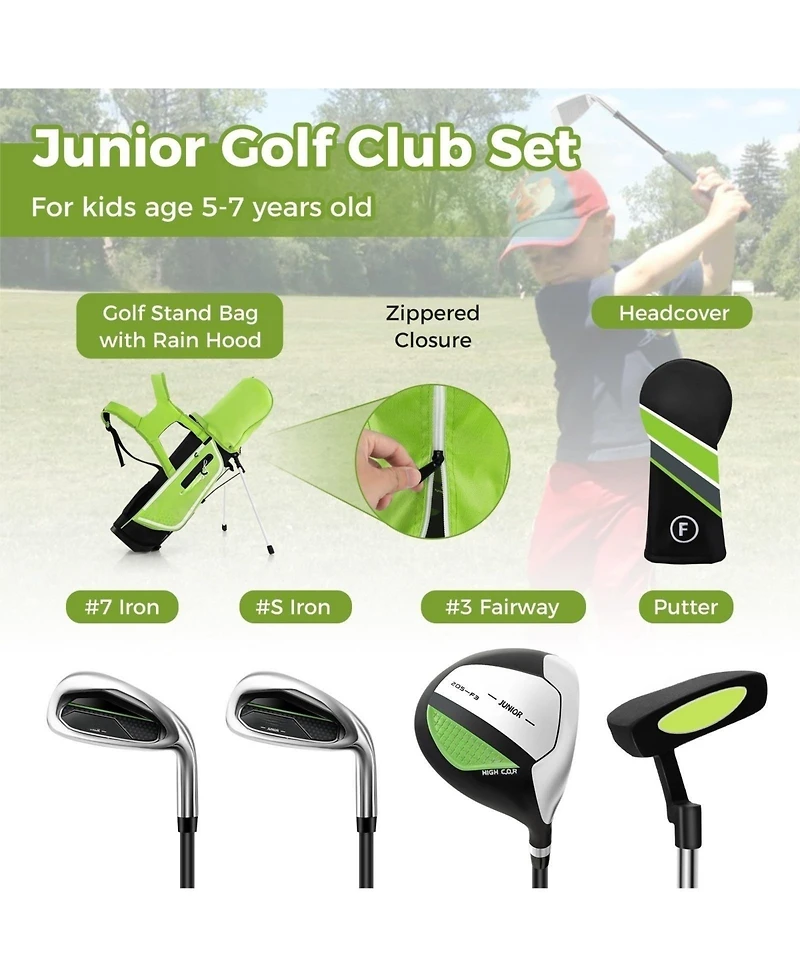 Junior Complete Golf Club Set Right Hand with Rain Hood for Kids-Green
