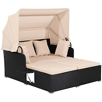 Patio Rattan Daybed Lounge Retractable Top Canopy Side Tables Cushions
