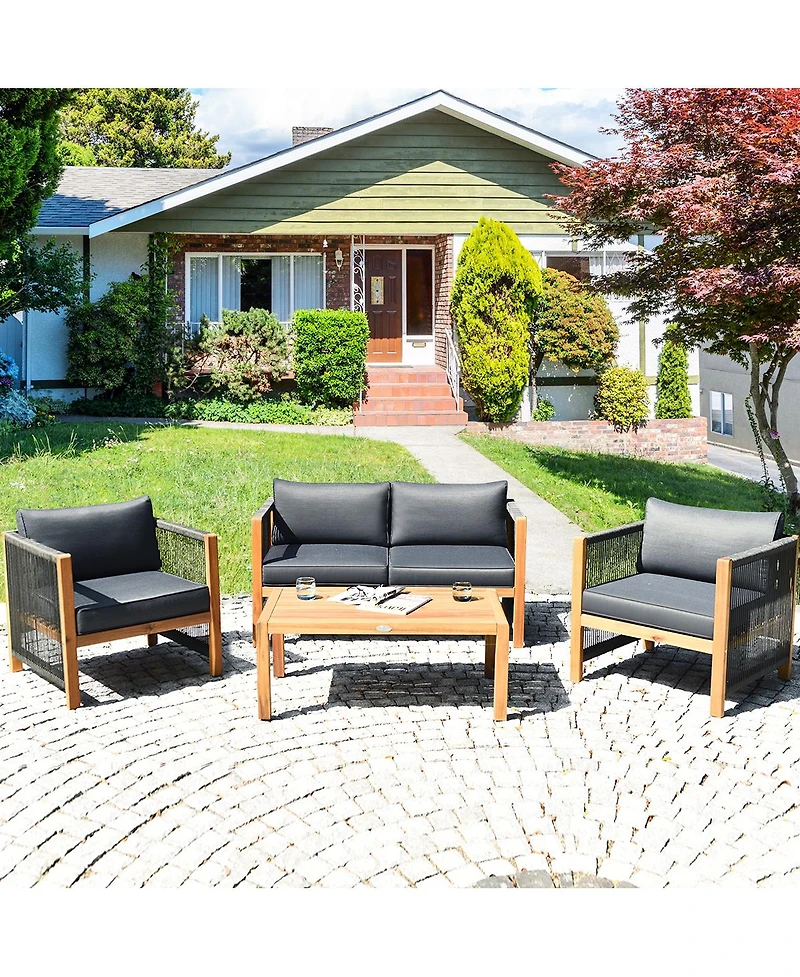 4 Pcs Acacia Wood Patio Conversation Set w/Cushions for Garden