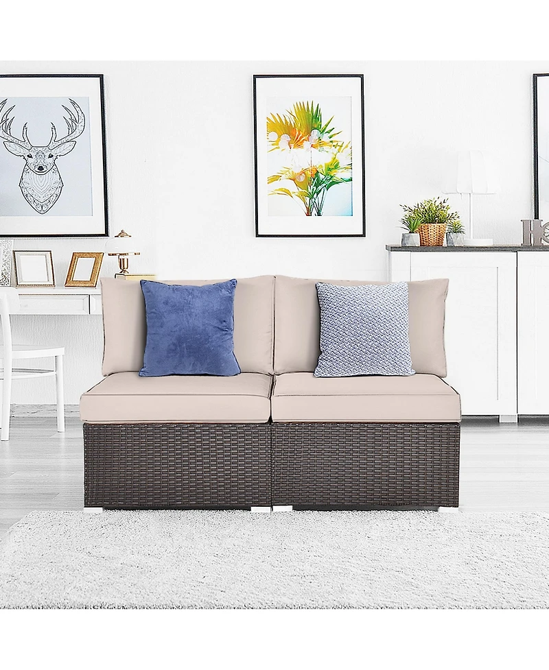 Gymax 2PCS Patio Sectional Armless Sofas Outdoor Rattan Furniture Set w/ Cushions