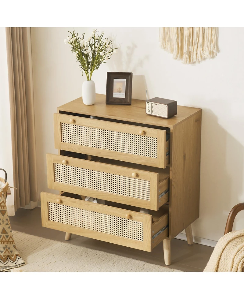 Modern 3-Drawer Rattan Dresser – Space-Saving Wooden Storage Chest for Bedroom, Living Room & Dorms