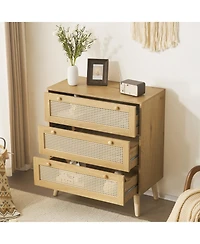 Modern 3-Drawer Rattan Dresser – Space-Saving Wooden Storage Chest for Bedroom, Living Room & Dorms