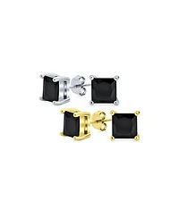 Bling Jewelry Set of 2 Black Square Princess Cut Cz Stud Earrings Gold Sterling Silver